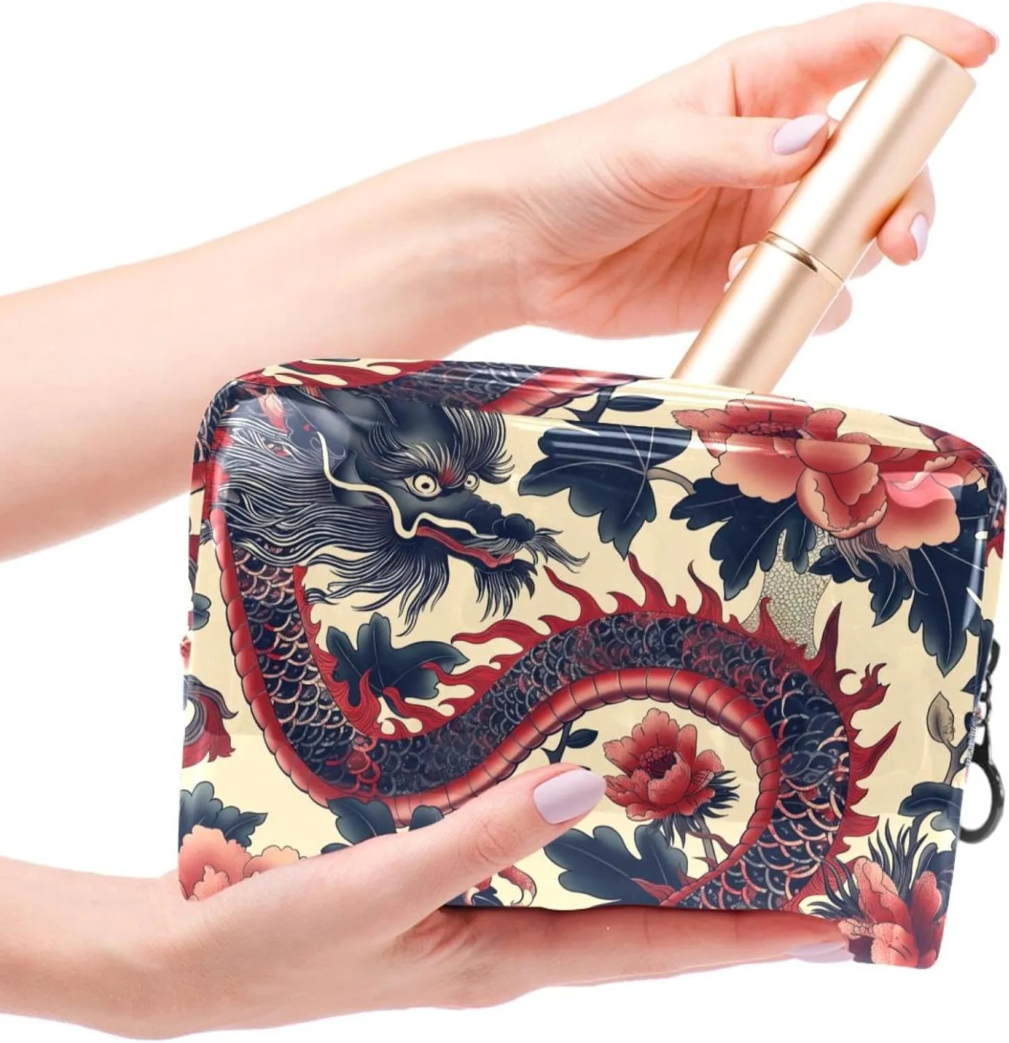Cosmetic Bag Vintage Flower Dragon Travel Makeup Bag Portable Travel Toiletry Bag Makeup Organizer Bag 7.3x3x5.1in