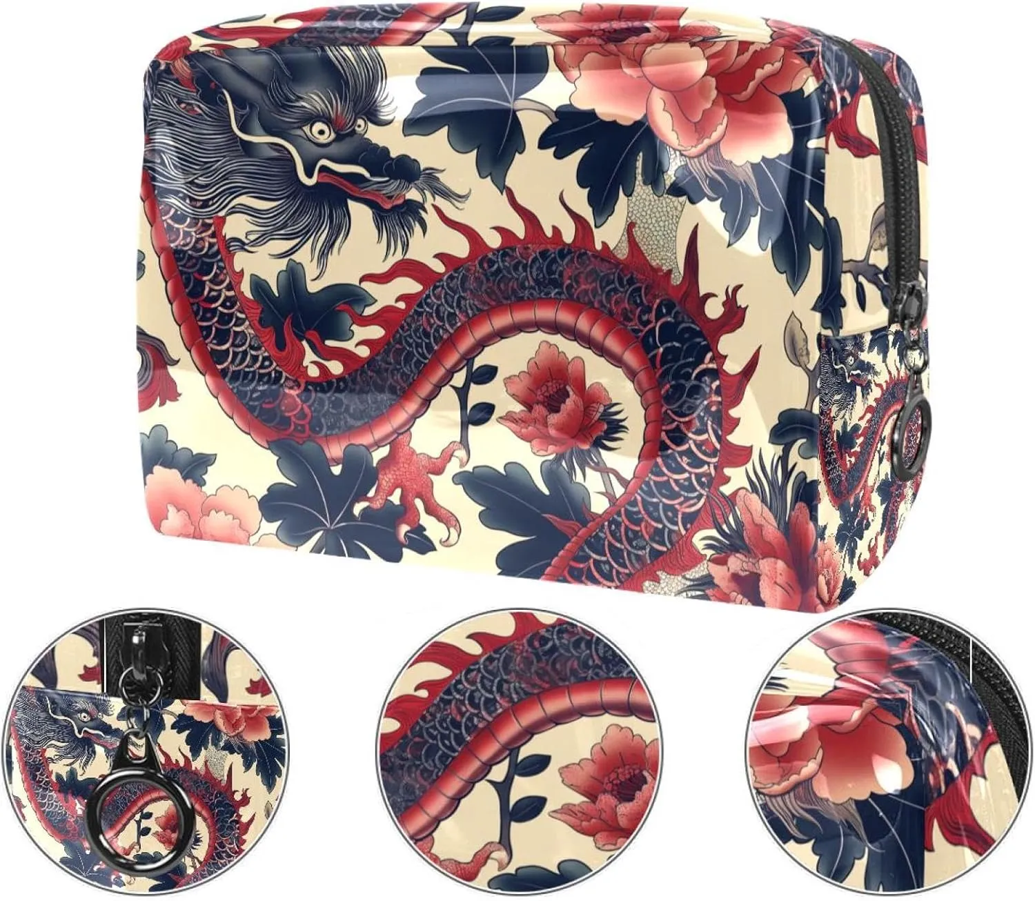 Cosmetic Bag Vintage Flower Dragon Travel Makeup Bag Portable Travel Toiletry Bag Makeup Organizer Bag 7.3x3x5.1in