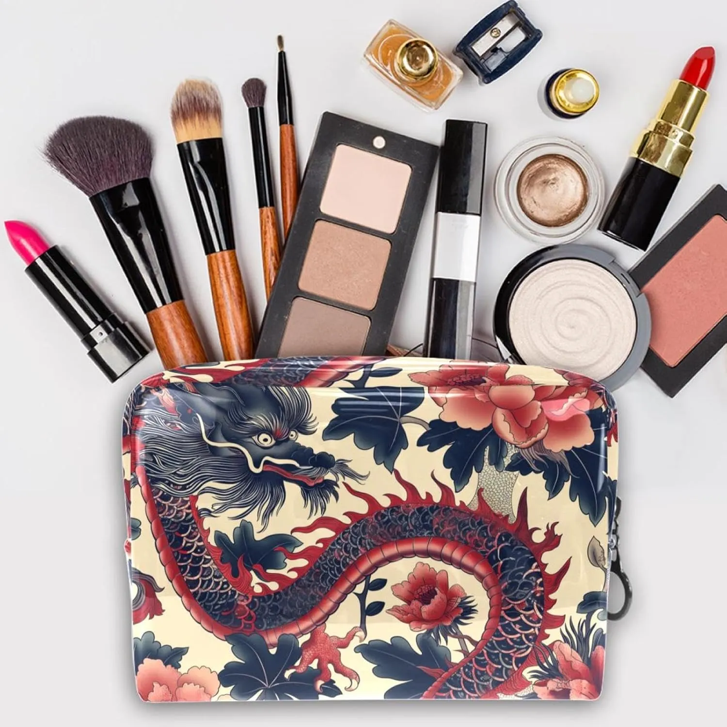 Cosmetic Bag Vintage Flower Dragon Travel Makeup Bag Portable Travel Toiletry Bag Makeup Organizer Bag 7.3x3x5.1in