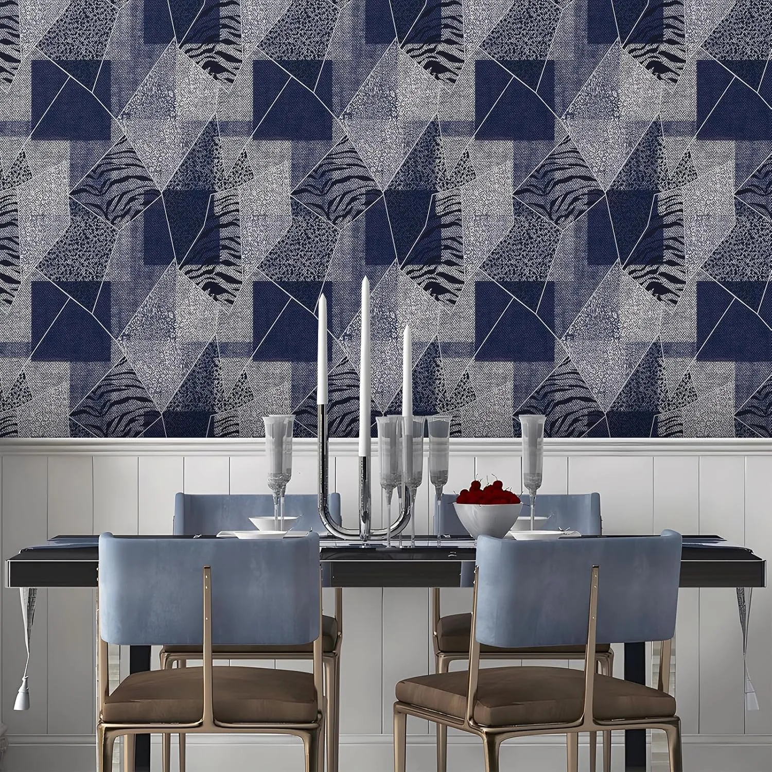 CRE8TIVE Denim Blue Peel and Stick Wallpaper - 24"x118" Patchwork Geometric Zebra Leopard Print Removable Self Adhesive Stripe Contact Paper for Bathroom Walls