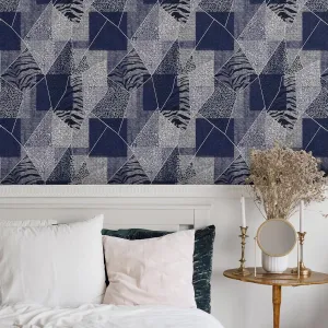 CRE8TIVE Denim Blue Peel and Stick Wallpaper - 24"x118" Patchwork Geometric Zebra Leopard Print Removable Self Adhesive Stripe Contact Paper for Bathroom Walls