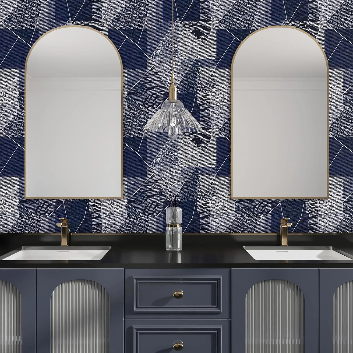 CRE8TIVE Denim Blue Peel and Stick Wallpaper - 24"x118" Patchwork Geometric Zebra Leopard Print Removable Self Adhesive Stripe Contact Paper for Bathroom Walls