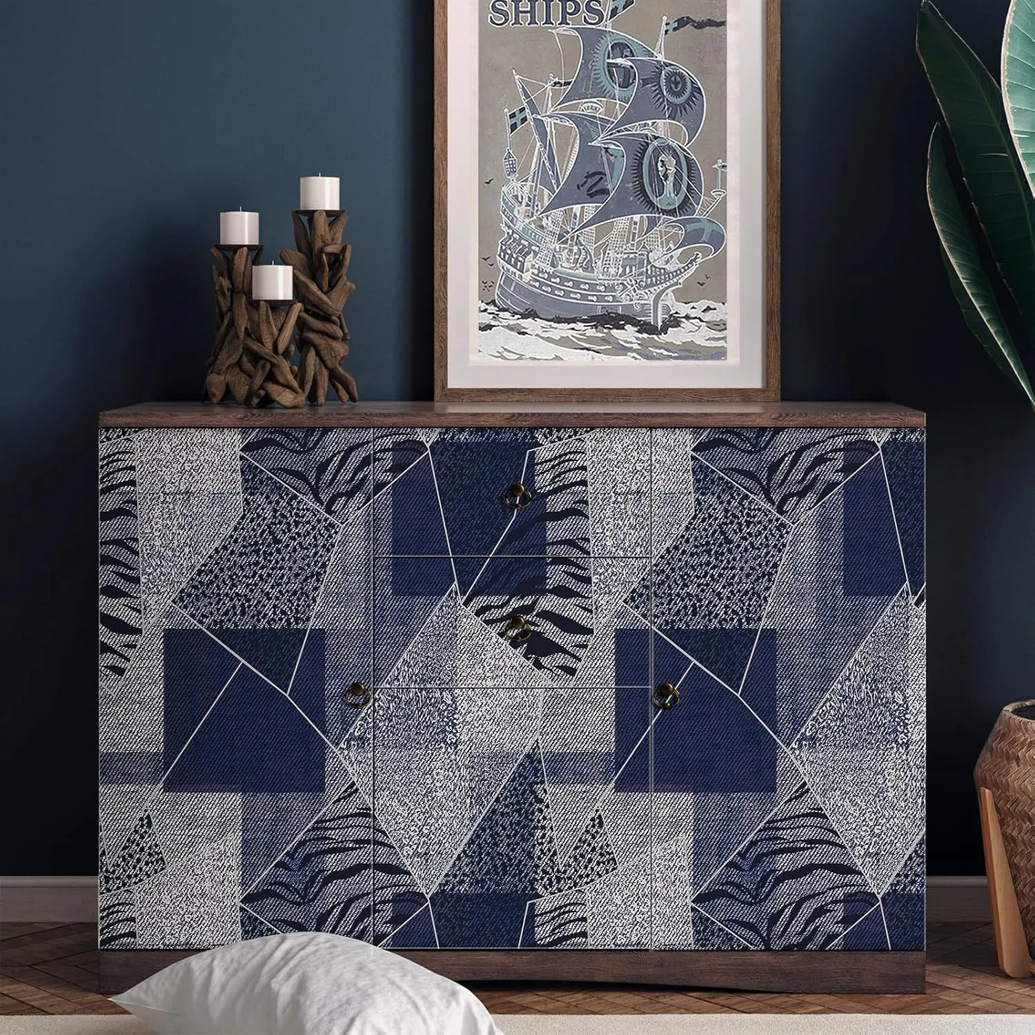 CRE8TIVE Denim Blue Peel and Stick Wallpaper - 24"x118" Patchwork Geometric Zebra Leopard Print Removable Self Adhesive Stripe Contact Paper for Bathroom Walls