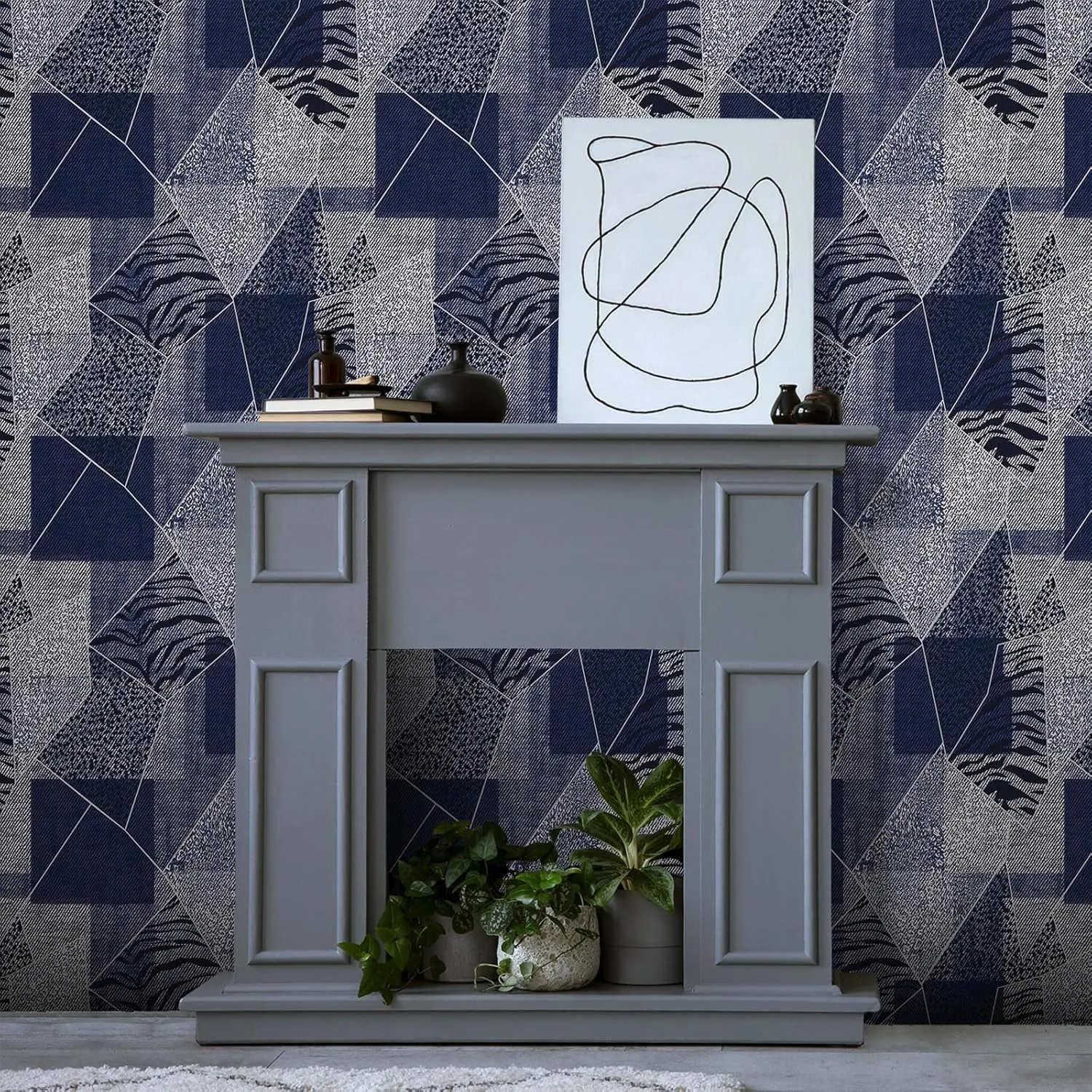 CRE8TIVE Denim Blue Peel and Stick Wallpaper - 24"x118" Patchwork Geometric Zebra Leopard Print Removable Self Adhesive Stripe Contact Paper for Bathroom Walls