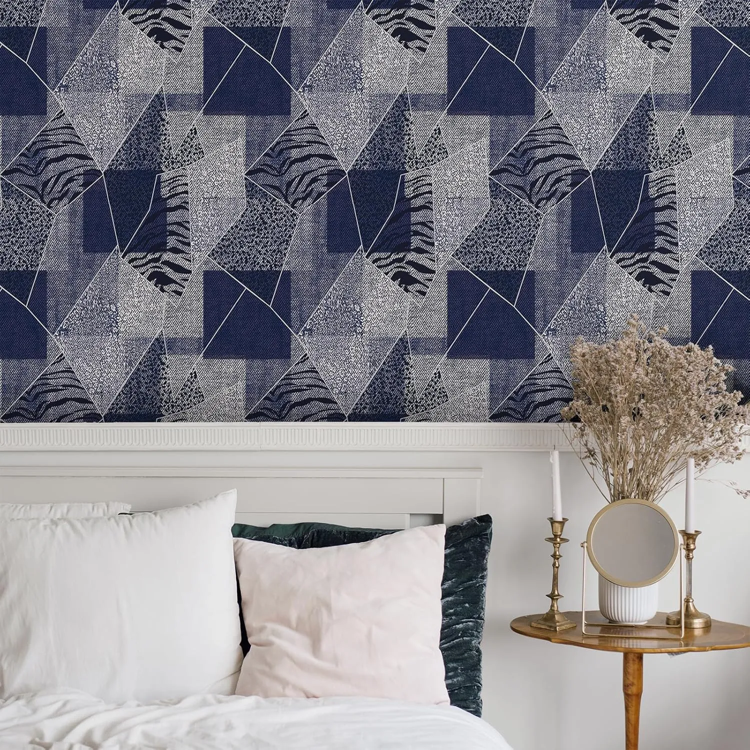 CRE8TIVE Denim Blue Peel and Stick Wallpaper - 24"x118" Patchwork Geometric Zebra Leopard Print Removable Self Adhesive Stripe Contact Paper for Bathroom Walls