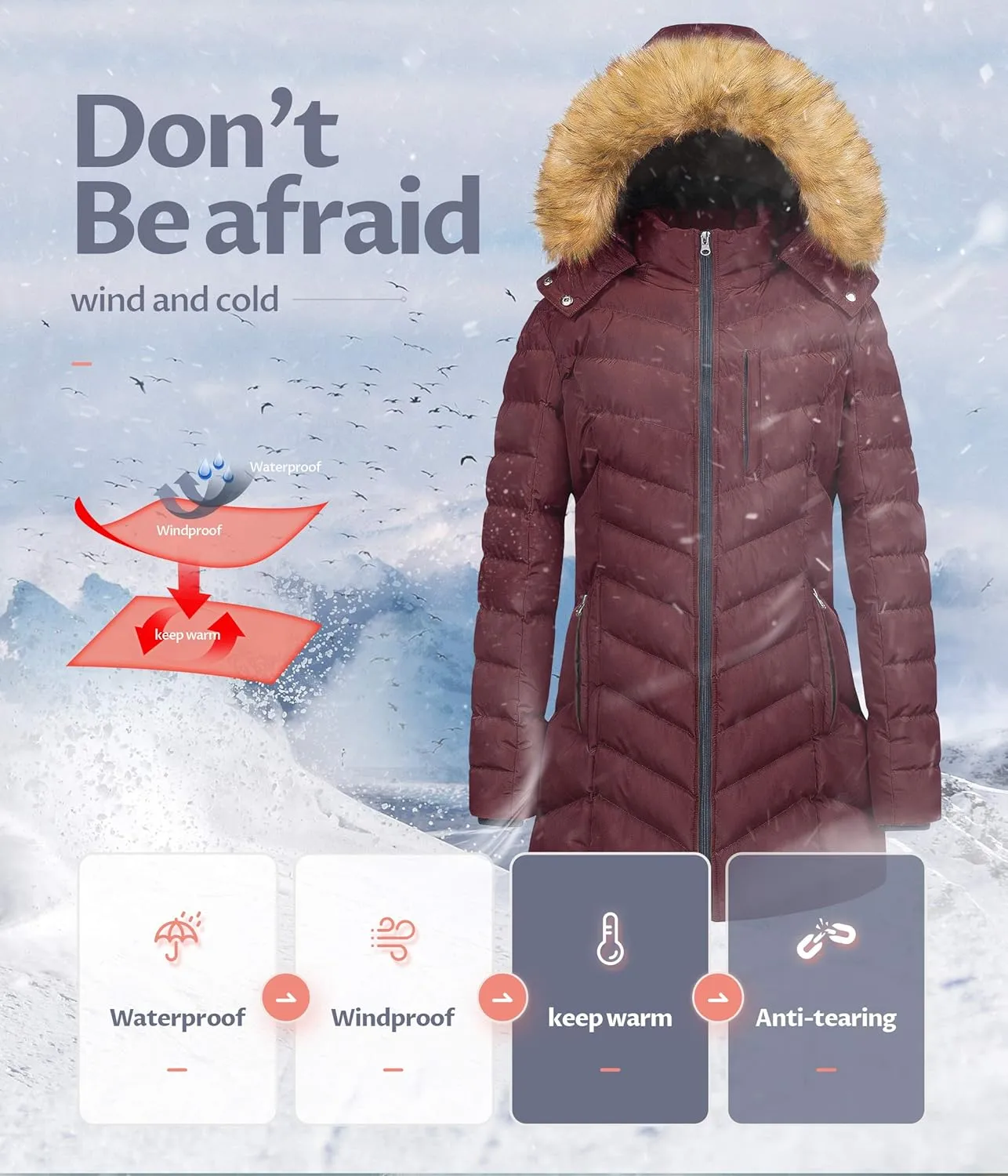 CREATMO US Women's Winter Hooded Coat Waterproof Warm Long Puffer Jacket Parka