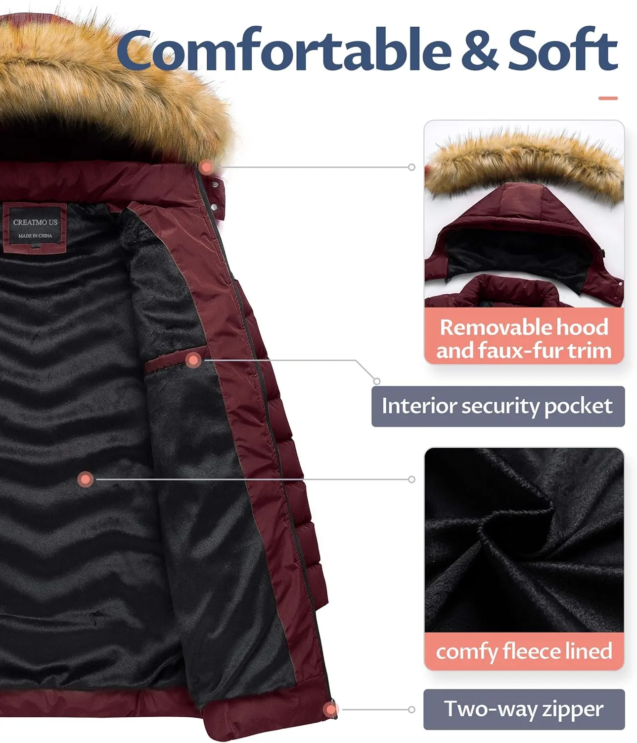 CREATMO US Women's Winter Hooded Coat Waterproof Warm Long Puffer Jacket Parka