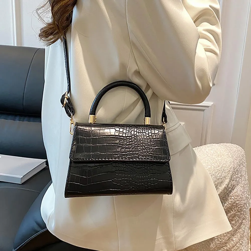 Crocodile Pattern Top-Handle Handbag, Faux Leather Vintage Alligator Print Shoulder Purse, Novelty Unique Tote Crossbody Bag