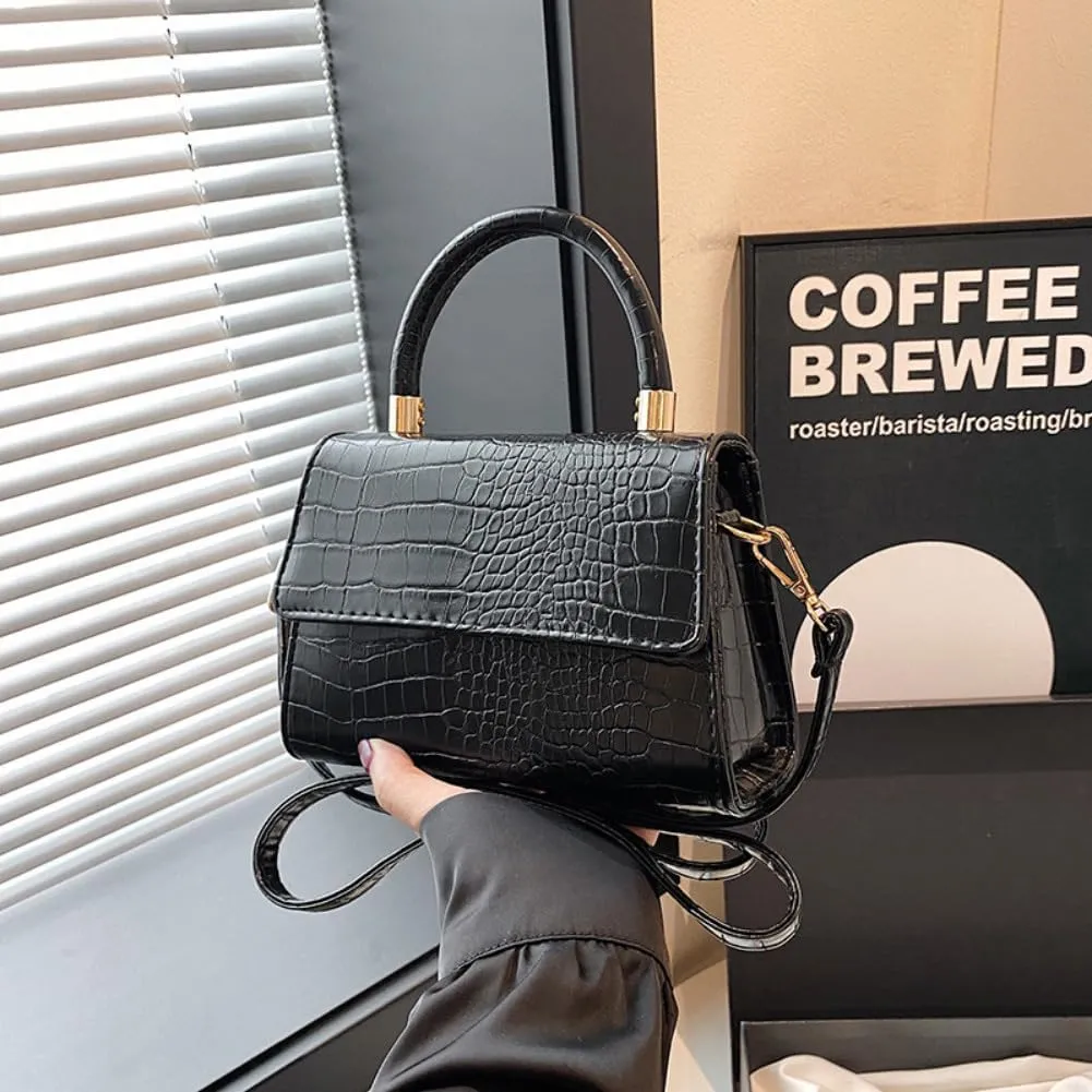 Crocodile Pattern Top-Handle Handbag, Faux Leather Vintage Alligator Print Shoulder Purse, Novelty Unique Tote Crossbody Bag