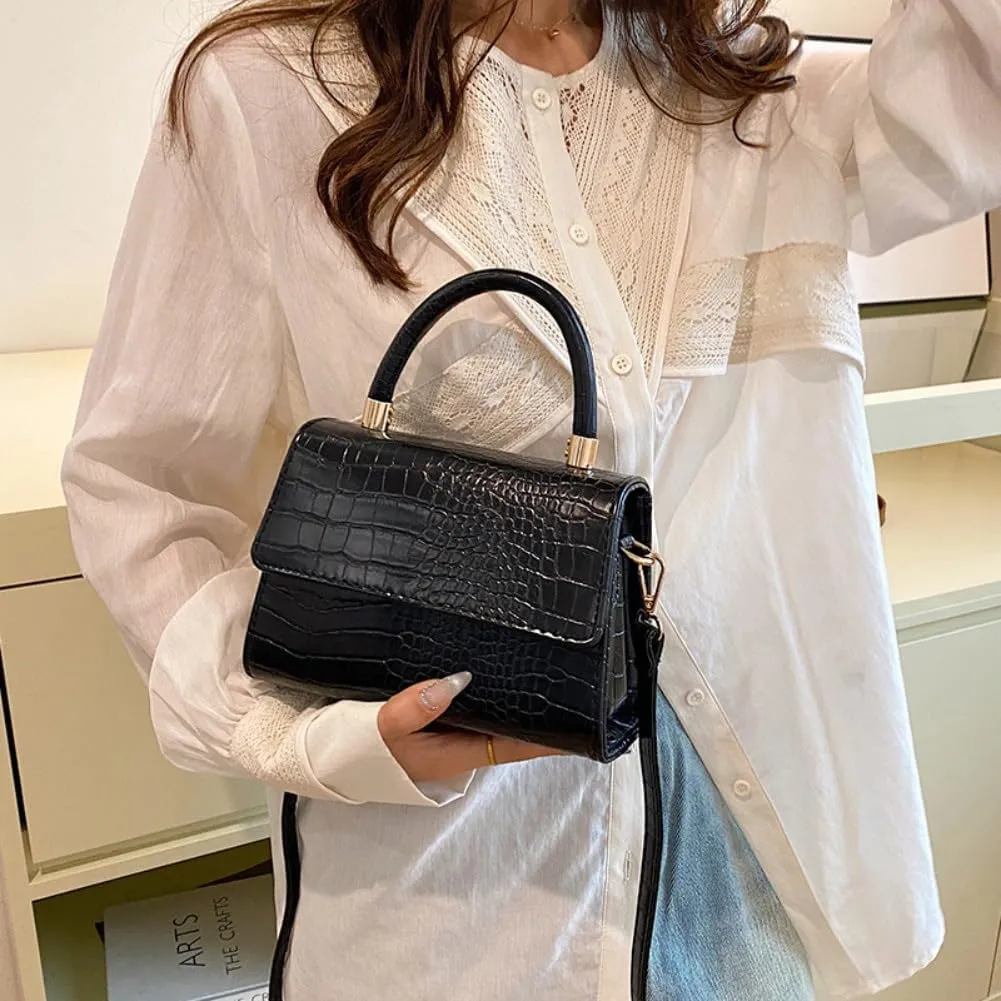 Crocodile Pattern Top-Handle Handbag, Faux Leather Vintage Alligator Print Shoulder Purse, Novelty Unique Tote Crossbody Bag