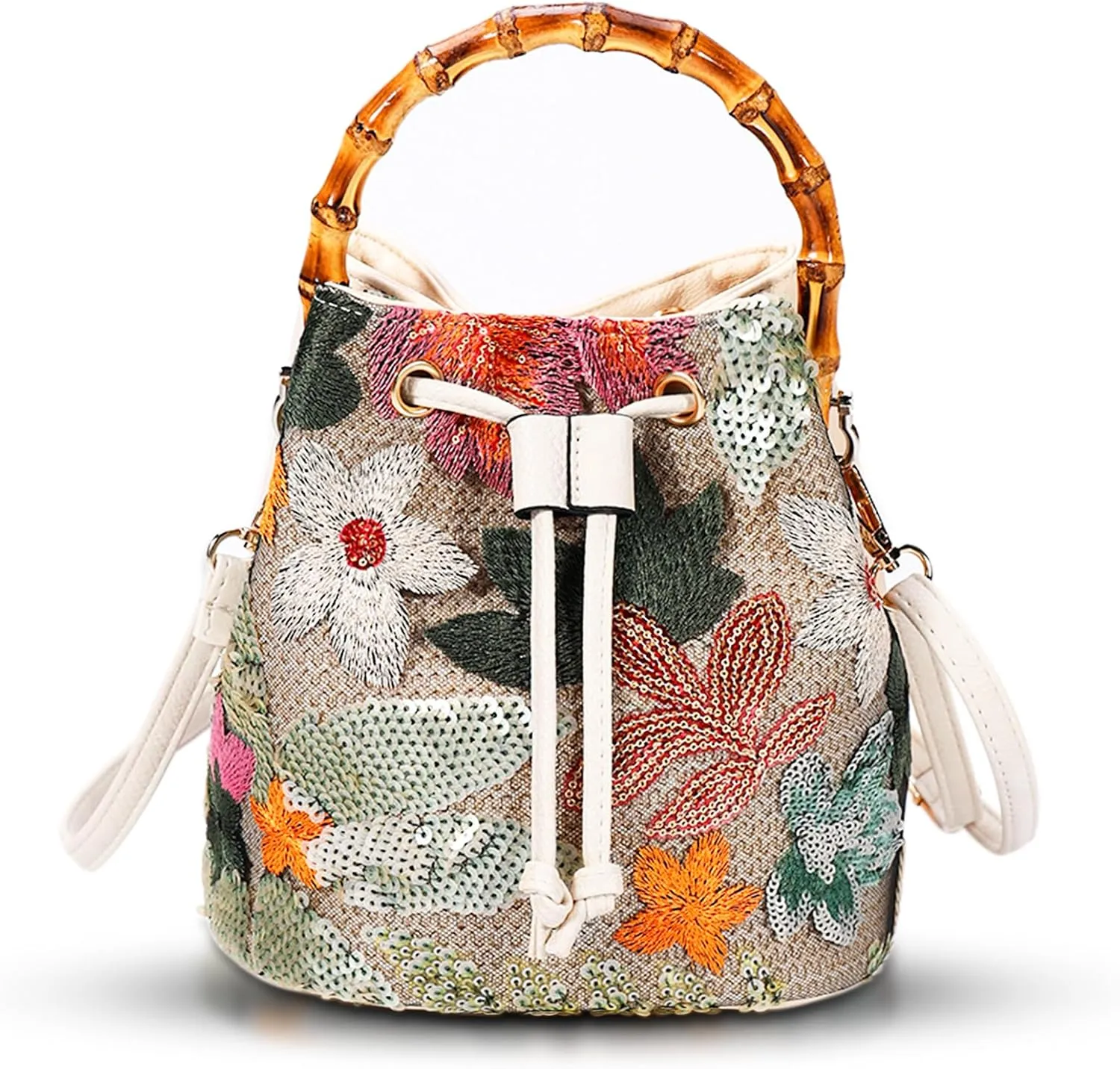 Crossbody Bags for Women, Beach Bag, Hand Embroidered Tot Bag, Natural Bamboo carry handle Bucket bag, Bohemian Handbags for Women Vacation Travel Daily Matching(Silver Flowers)