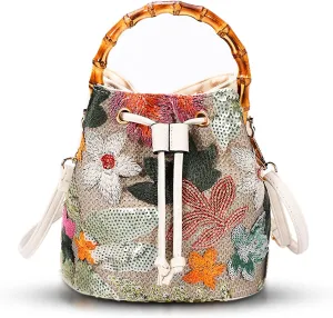 Crossbody Bags for Women, Beach Bag, Hand Embroidered Tot Bag, Natural Bamboo carry handle Bucket bag, Bohemian Handbags for Women Vacation Travel Daily Matching(Silver Flowers)