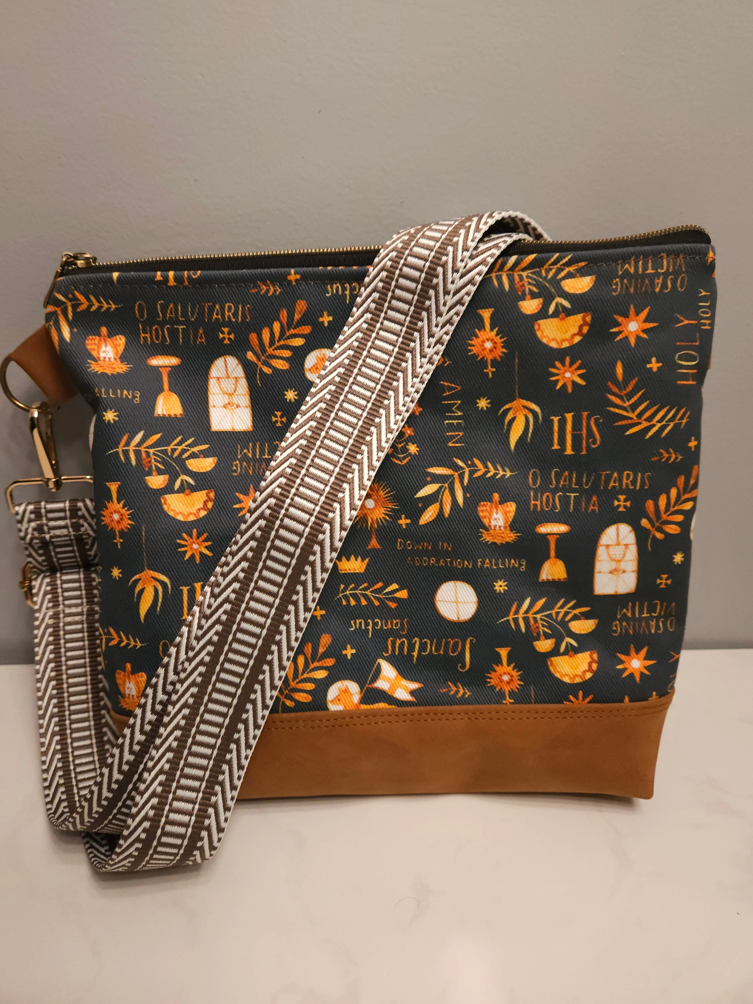 Crossbody purse with Latin prayers and Eucharistic Adoration symbols Catholic fabric bag