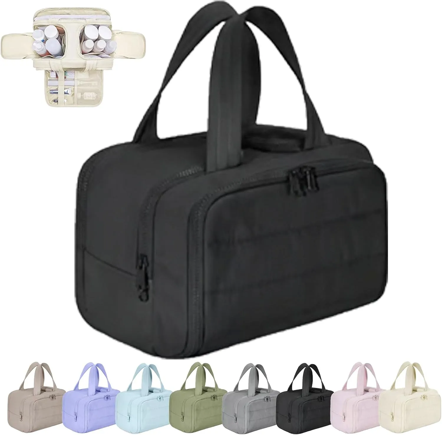 Cureaway Travel Bag, Curetoaway Large Capacity Wide-Open Travel Cosmetic Bag, Waterproof Portable,with 4 Compartments and Handle (Black)
