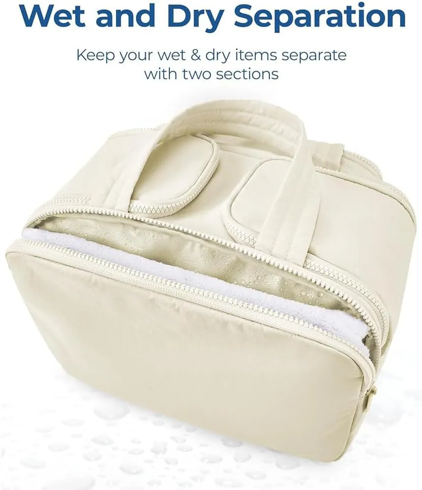 Cureaway Travel Cosmetic Bag, Cureaway Large Capacity Wide-Open Travel Cosmetic Bag, Travels Makeup Bags, Waterproof Portable Pouch Open Flat Toiletry Bags, for Women With Divider And Handle (Beige)