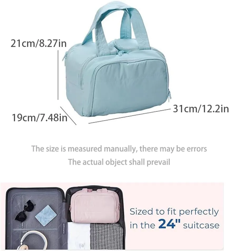 Cureaway Travel Cosmetic Bag, Cureaway Large Capacity Wide-Open Travel Cosmetic Bag, Travels Makeup Bags, Waterproof Portable Pouch Open Flat Toiletry Bags, for Women With Divider And Handle (Beige)