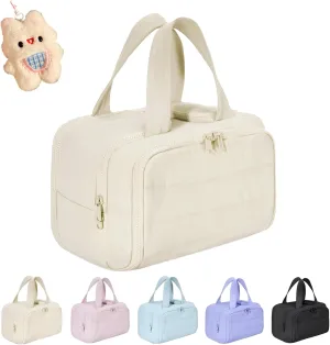 Cureaway Travel Cosmetic Bag, Cureaway Large Capacity Wide-Open Travel Cosmetic Bag, Travels Makeup Bags, Waterproof Portable Pouch Open Flat Toiletry Bags, for Women With Divider And Handle (Beige)