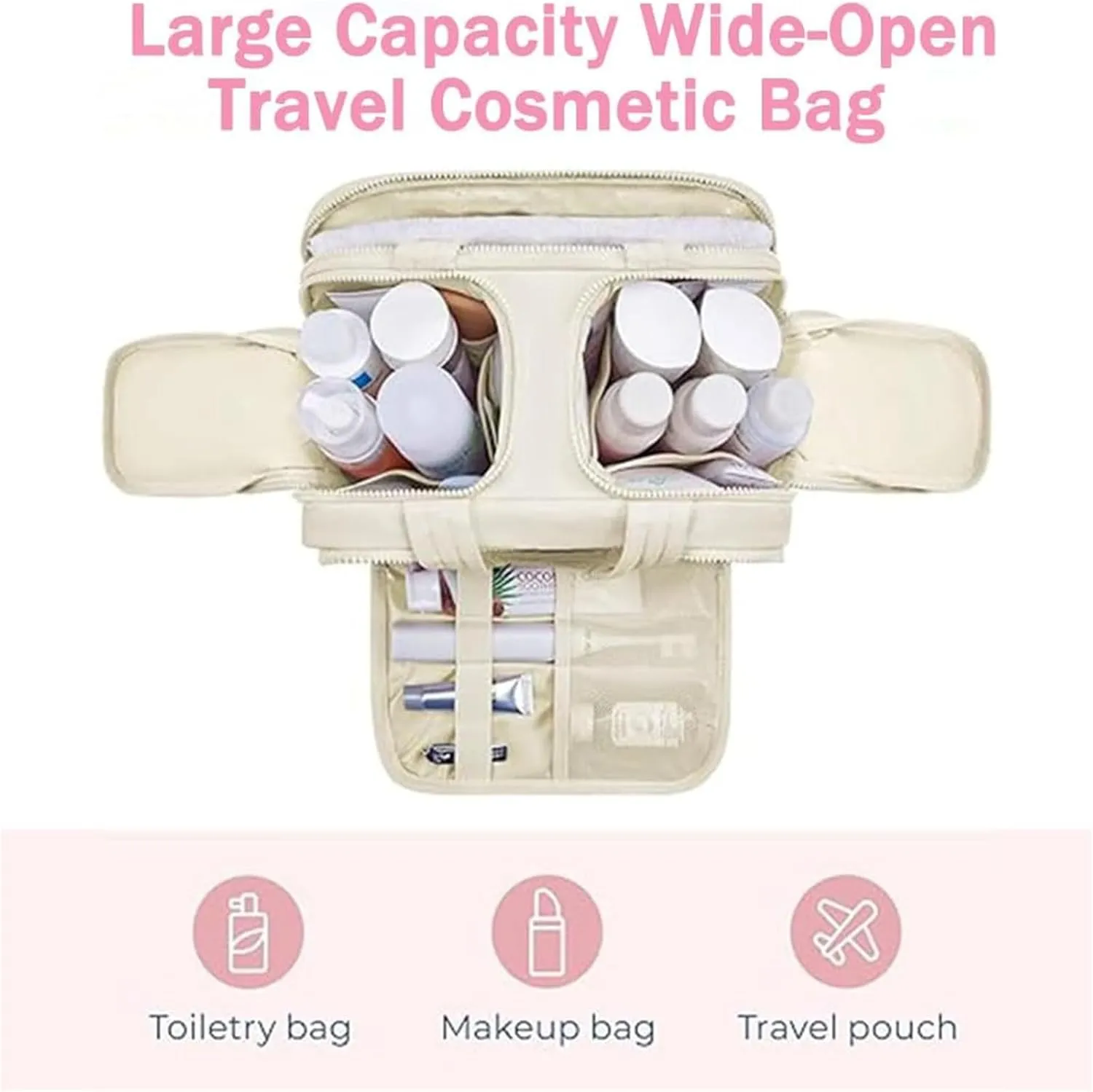 Cureaway Travel Cosmetic Bag, Curetoaway Large Capacity Wide-Open Travel Cosmetic Bag, Lightweight Waterproof, Dry-And-Wet Separation (Beige)
