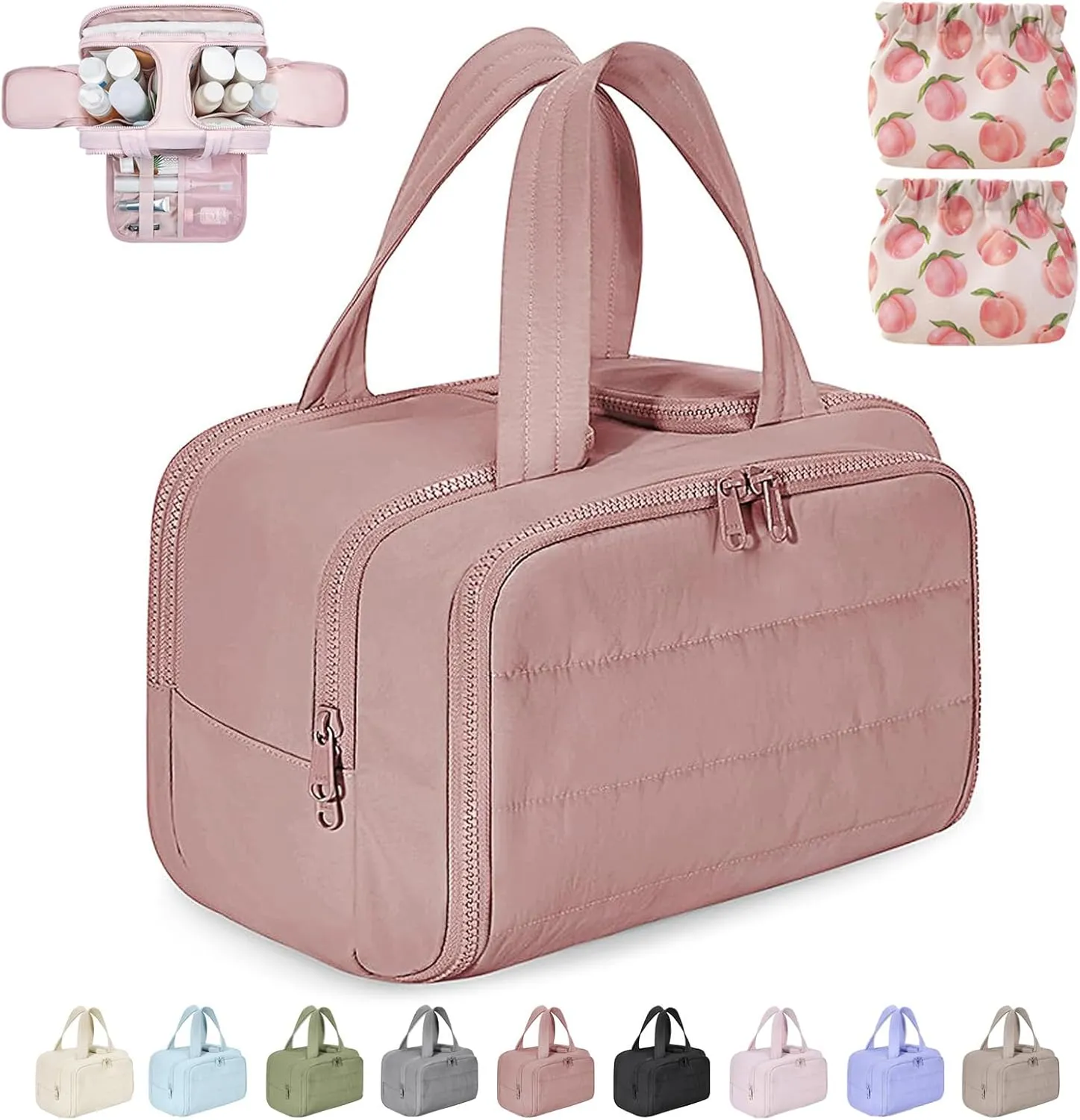 Cureaway Travel Cosmetic Bag,Curetoaway Large Capacity Wide-Open Travel Cosmetic Bag,4-In-1 Waterproof Portable Pouch Open Flat Toiletry Bags,Dry-And-Wet Separation,With 4 Compartments (Dark Pink)