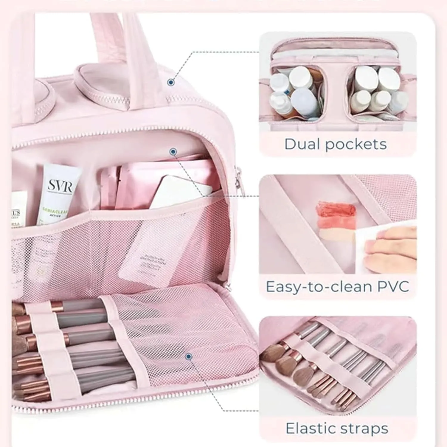 Cureaway Travel Cosmetic Bag,Curetoaway Large Capacity Wide-Open Travel Cosmetic Bag,4-In-1 Waterproof Portable Pouch Open Flat Toiletry Bags,Dry-And-Wet Separation,With 4 Compartments (Dark Pink)