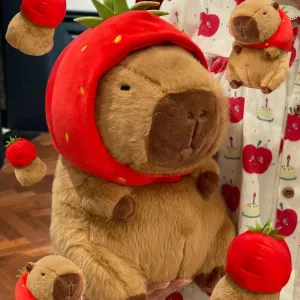 Cute Capybara Plush Wearing Strawberry Hat, 12inch Kawaii Capybara Stuffed Animal Soft Stuffed Toy Fruit Plushies Birthday for Kids