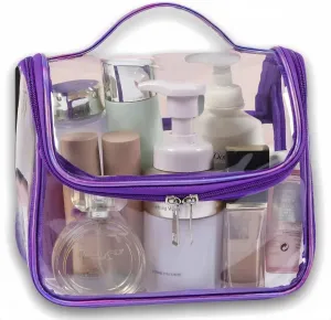 Cute Clear Makeup Bags, Kawaii Travel Cosmetic Zipper Pouch for Women, Transparent Makeup Organizer Storage Case for Make Up Brushes, Travel Toiletry Bags for Girls with Portable Handle (Purple)
