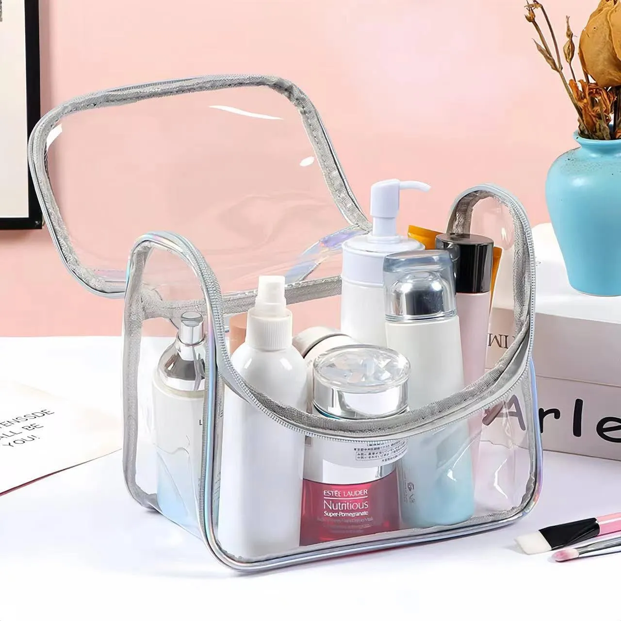 Cute Clear Makeup Bags, Kawaii Travel Cosmetic Zipper Pouch for Women, Transparent Makeup Organizer Storage Case for Make Up Brushes, Travel Toiletry Bags for Girls with Portable Handle (Purple)