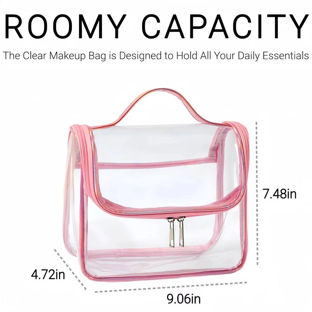 Cute Clear Makeup Bags, Kawaii Travel Cosmetic Zipper Pouch for Women, Transparent Makeup Organizer Storage Case for Make Up Brushes, Travel Toiletry Bags for Girls with Portable Handle (Purple)