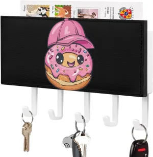 Cute Donut with Cap Novelty Key Holder Printed Keys Hook Mail Organizer Hanging Rack Decor with 5 Hooks for Wall