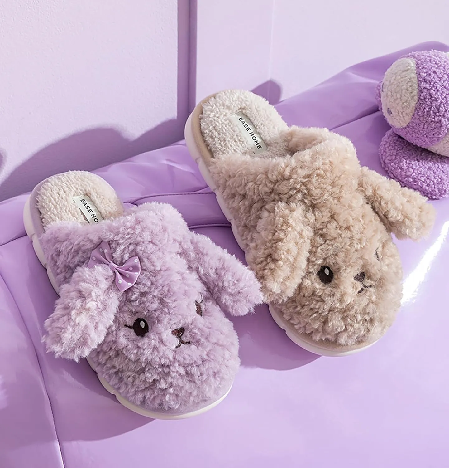 Cute Furry Slippers - Women's Winter & Autumn Couple Slippers with PVC Soles, Plush Uppers. Keep Feet Warm & Cozy!