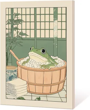 Cute Relaxing Poster Sage Green Frog in Bathtub Wall Art Vintage Japanese Frog Bathroom Decor Funny Animal Canvas Kawaii Prints Pictures for Dorm Living Room Bedroom Toilet Aesthetic 12x16in Framed
