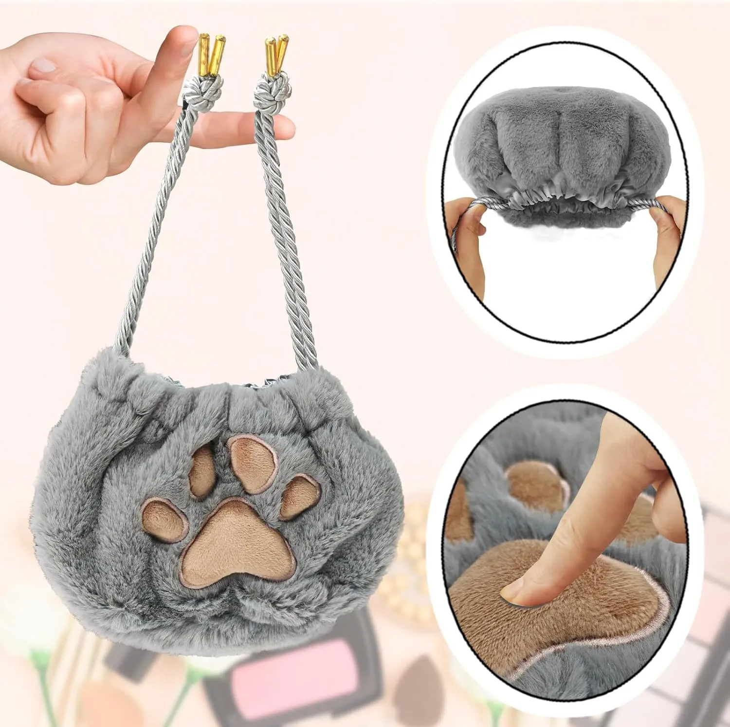 Cute Small Makeup Bag, Plush Paw Pouch, Funny Mom Gifts for Women, Drawstring Travel Cosmetic Organizer, Cat Themed Lover Gift (Dark Grey)