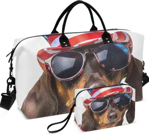 Dachshund Dog American Hat Duffel Bags Travel Cosmetic Bags Set of 2, Colorful Women Sports Bags Overnight Hospital Bag