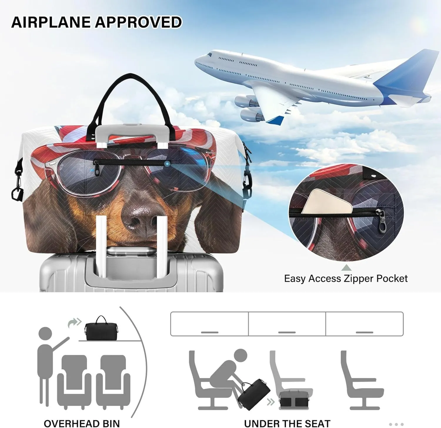 Dachshund Dog American Hat Duffel Bags Travel Cosmetic Bags Set of 2, Colorful Women Sports Bags Overnight Hospital Bag