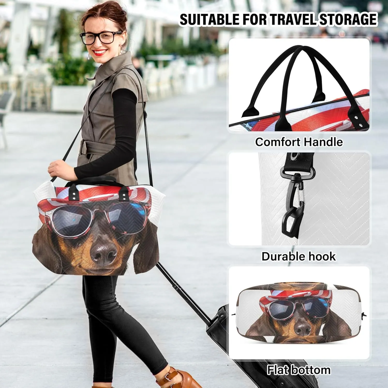 Dachshund Dog American Hat Duffel Bags Travel Cosmetic Bags Set of 2, Colorful Women Sports Bags Overnight Hospital Bag