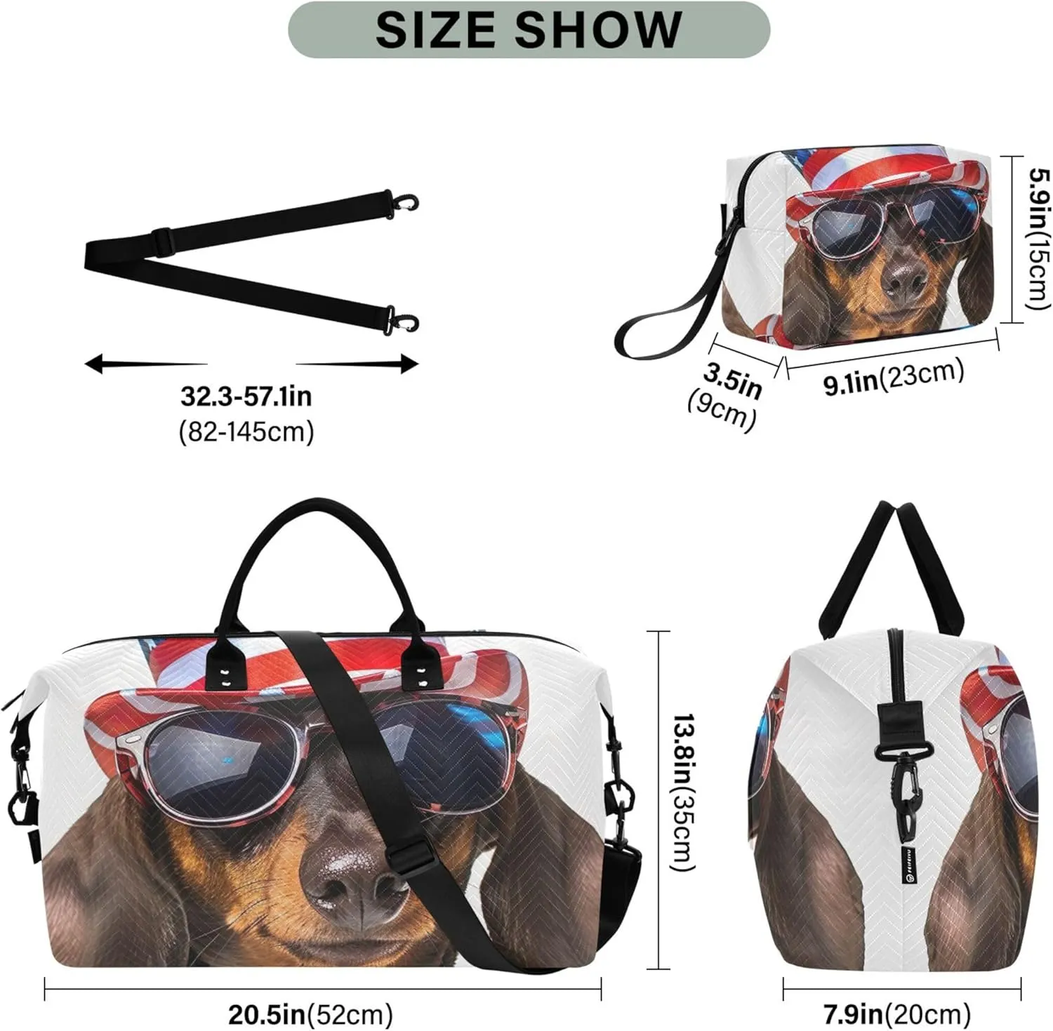 Dachshund Dog American Hat Duffel Bags Travel Cosmetic Bags Set of 2, Colorful Women Sports Bags Overnight Hospital Bag