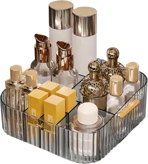 DASITON Acrylic Makeup Organizer,9 Slots Makeup Brush Holder,Makeup Storage with Handle,Vintage Striped Cosmetic Organizer for Desk Storage Container,Vanity,Bathroom(Grey)