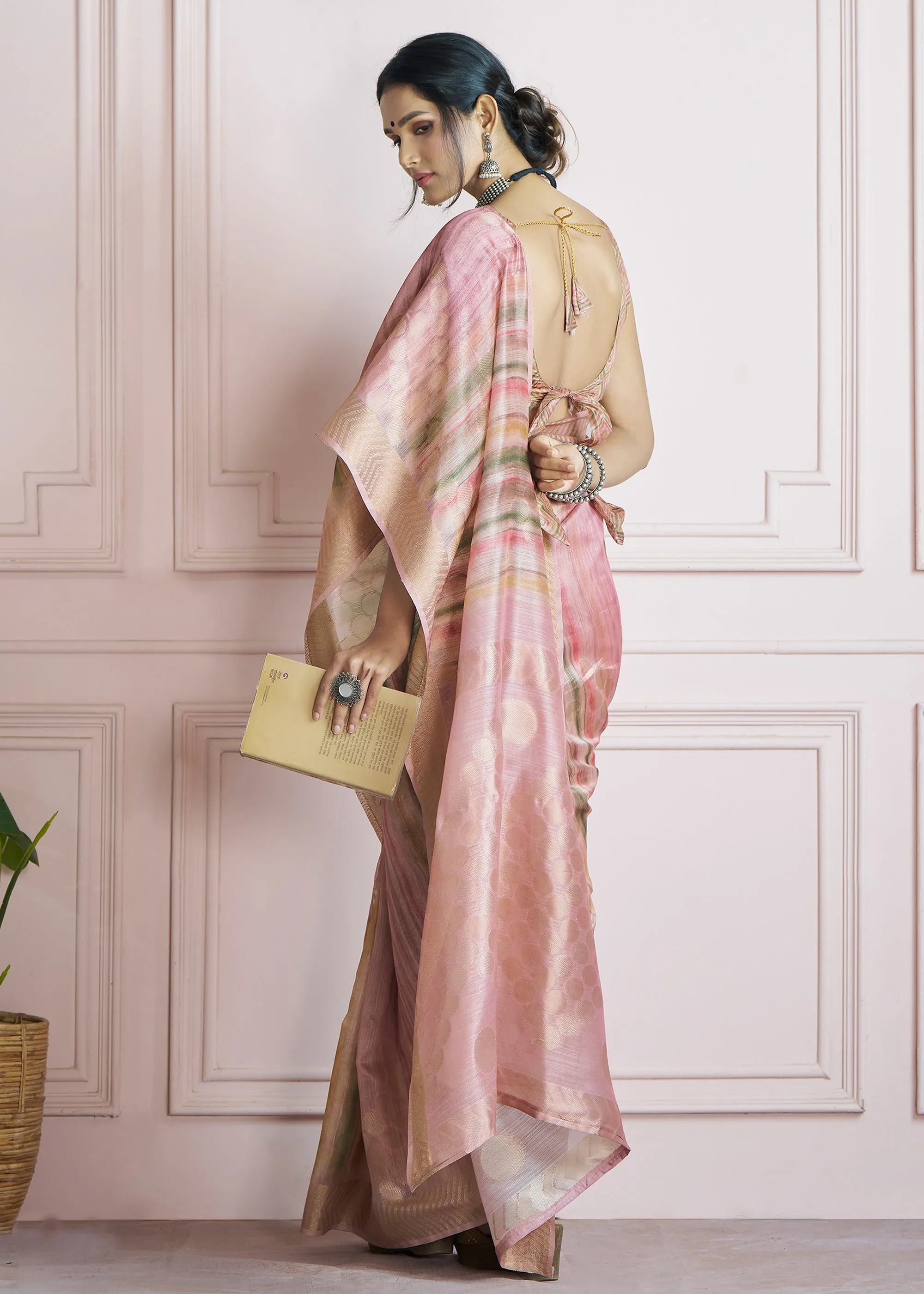 Delight Pink Woven Khadi Silk Saree With Printed Blouse