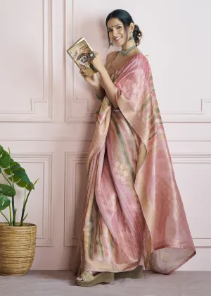Delight Pink Woven Khadi Silk Saree With Printed Blouse
