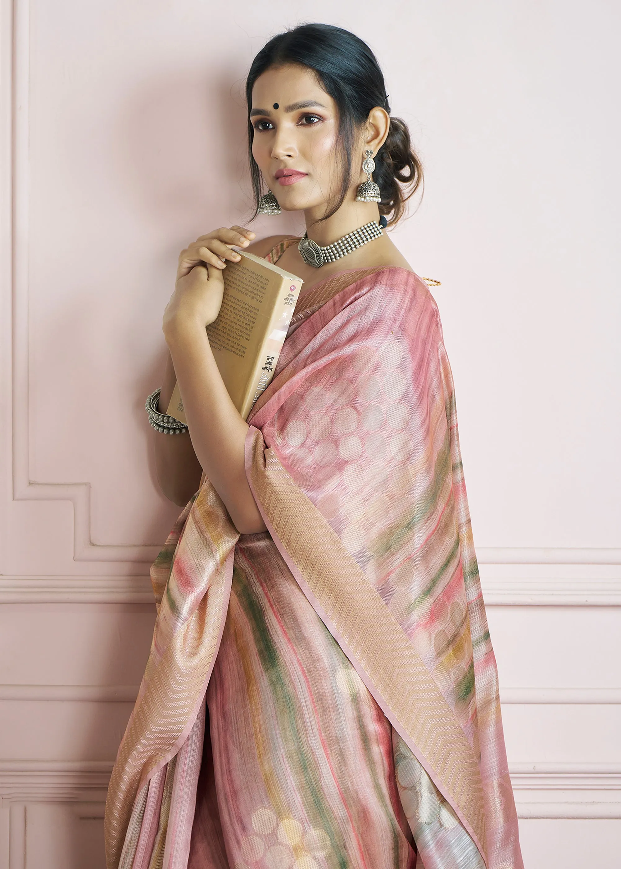 Delight Pink Woven Khadi Silk Saree With Printed Blouse