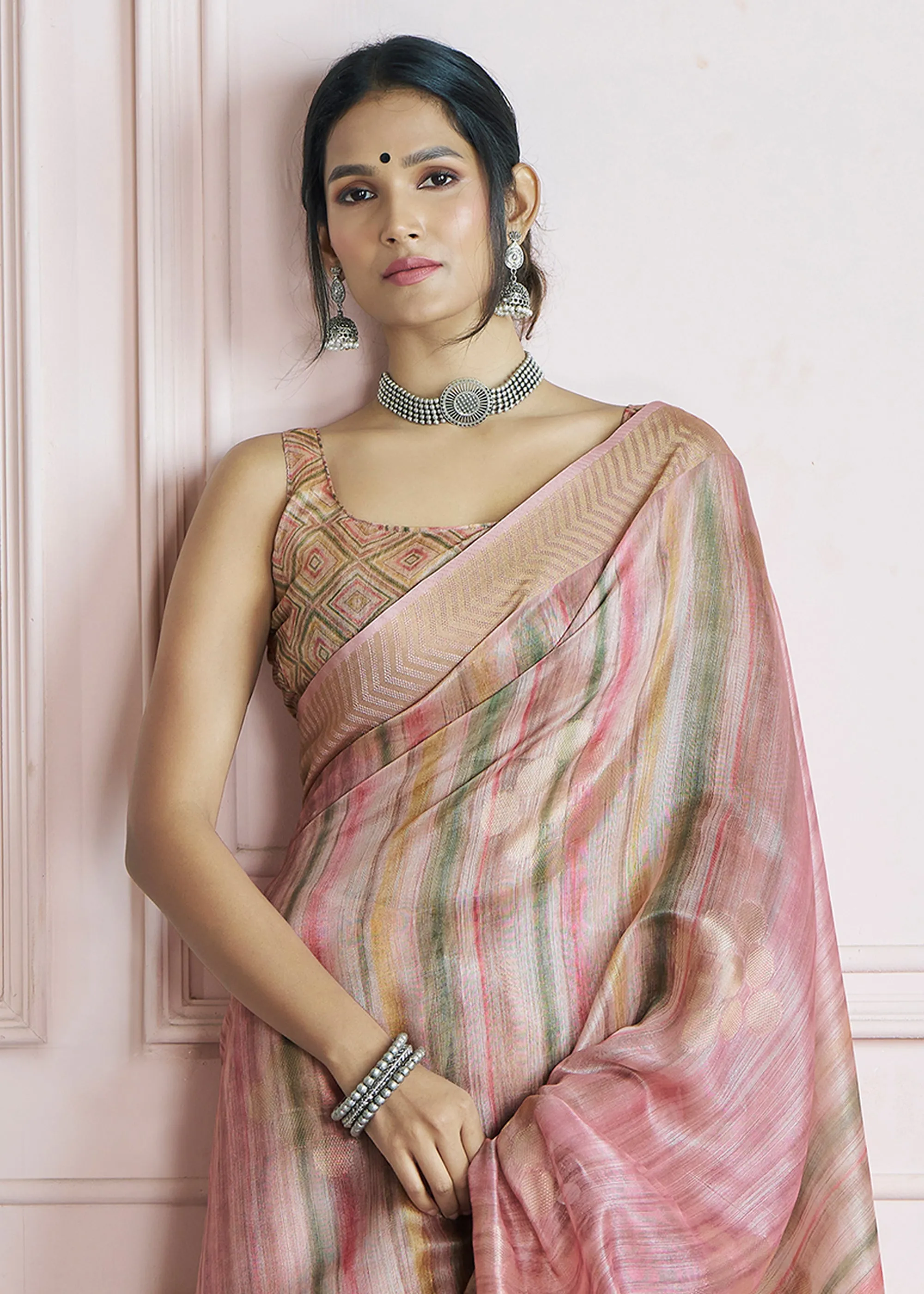 Delight Pink Woven Khadi Silk Saree With Printed Blouse