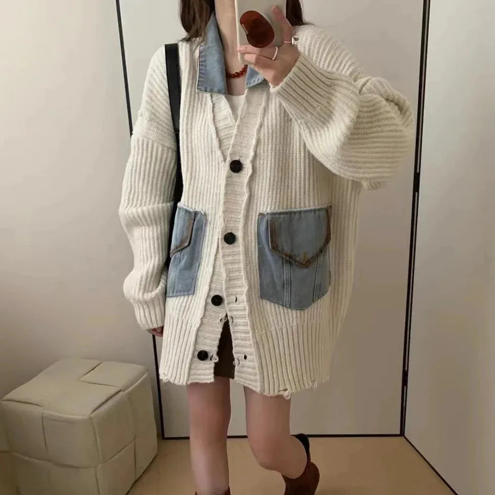 Denim Patchwork Grandpa Cardigan