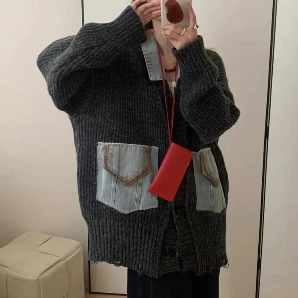 Denim Patchwork Grandpa Cardigan