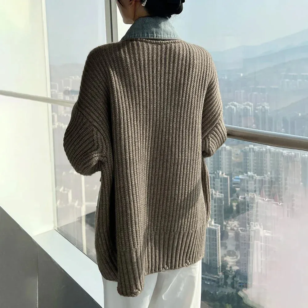 Denim Patchwork Grandpa Cardigan