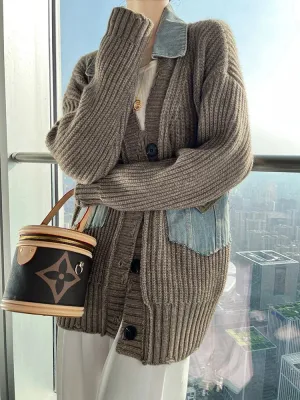Denim Patchwork Grandpa Cardigan