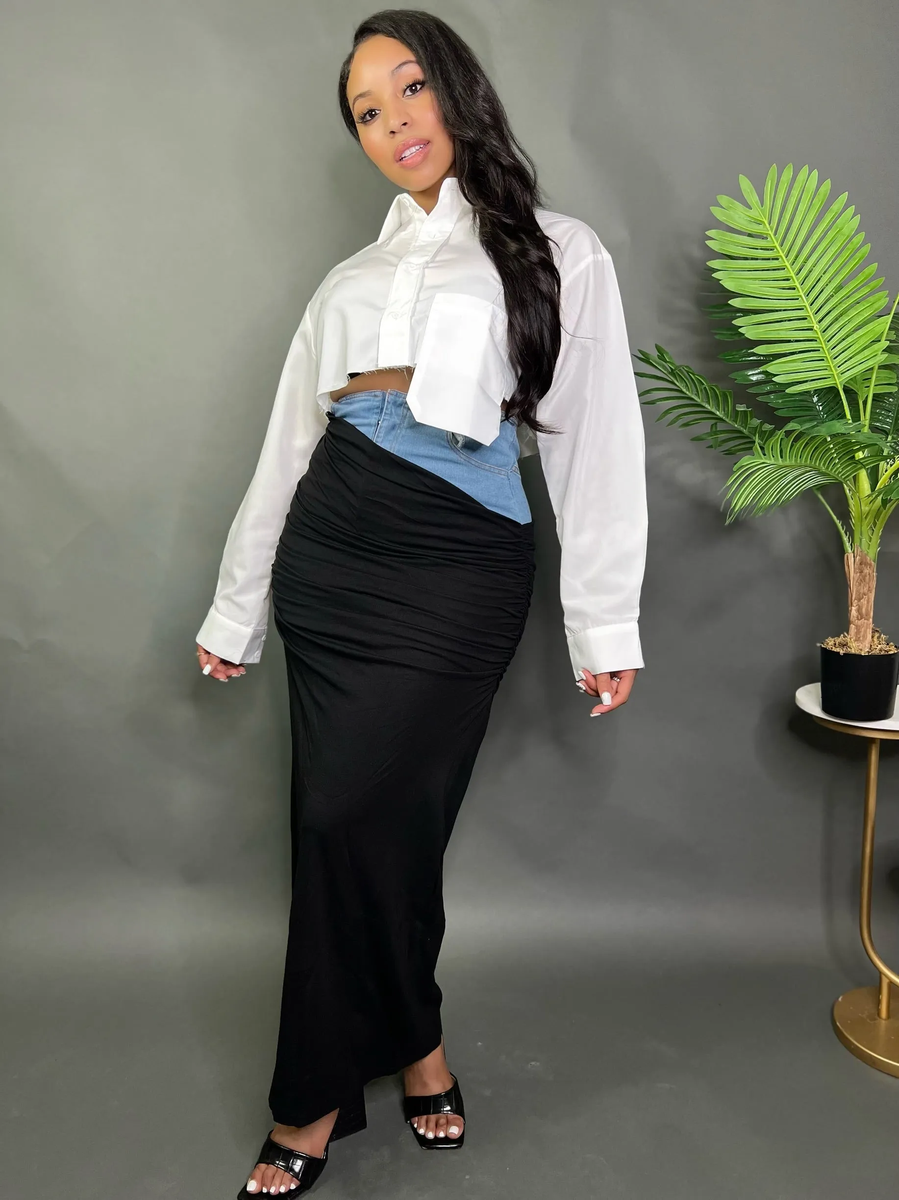 Denim Ruched Maxi Skirt