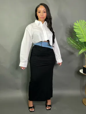 Denim Ruched Maxi Skirt
