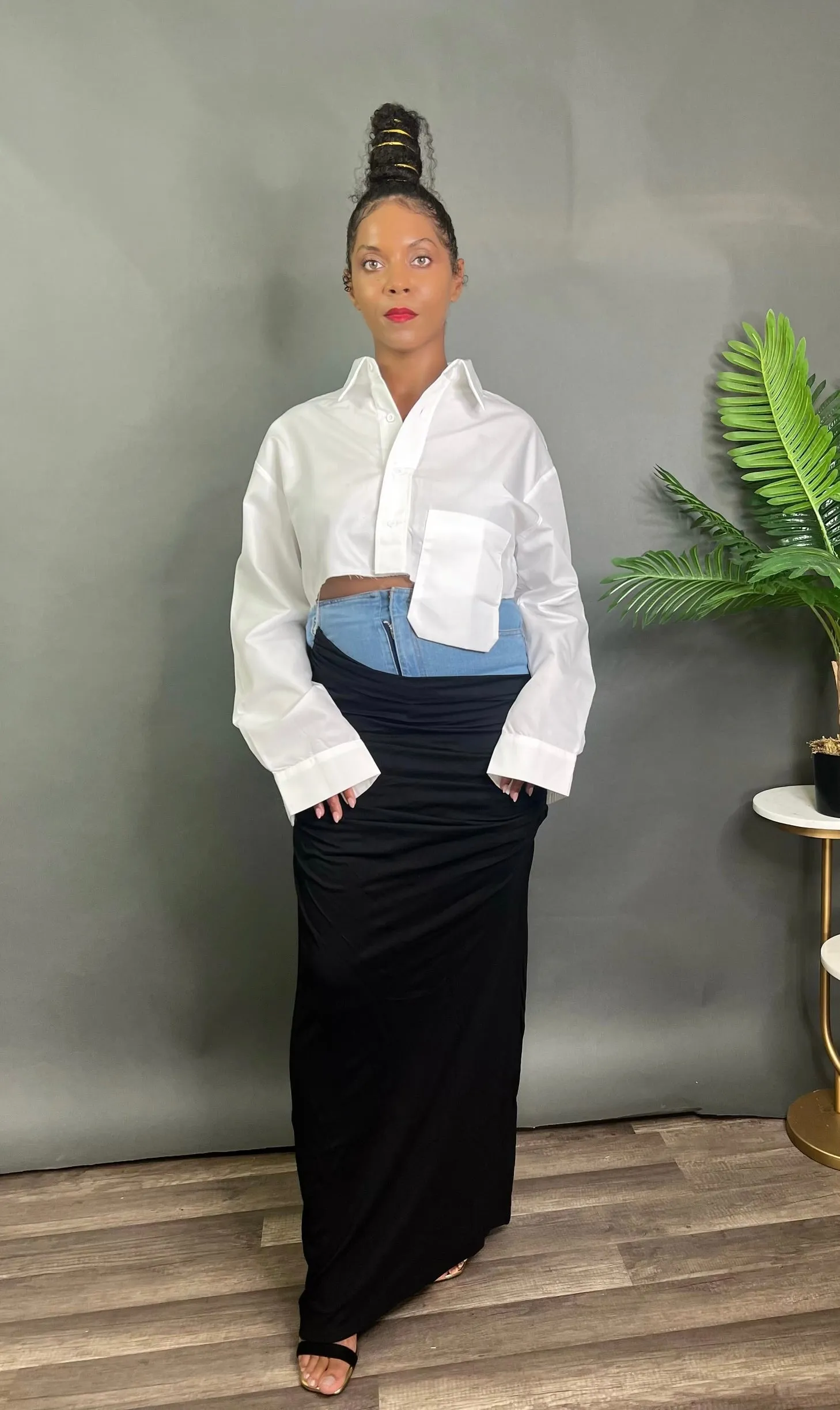 Denim Ruched Maxi Skirt