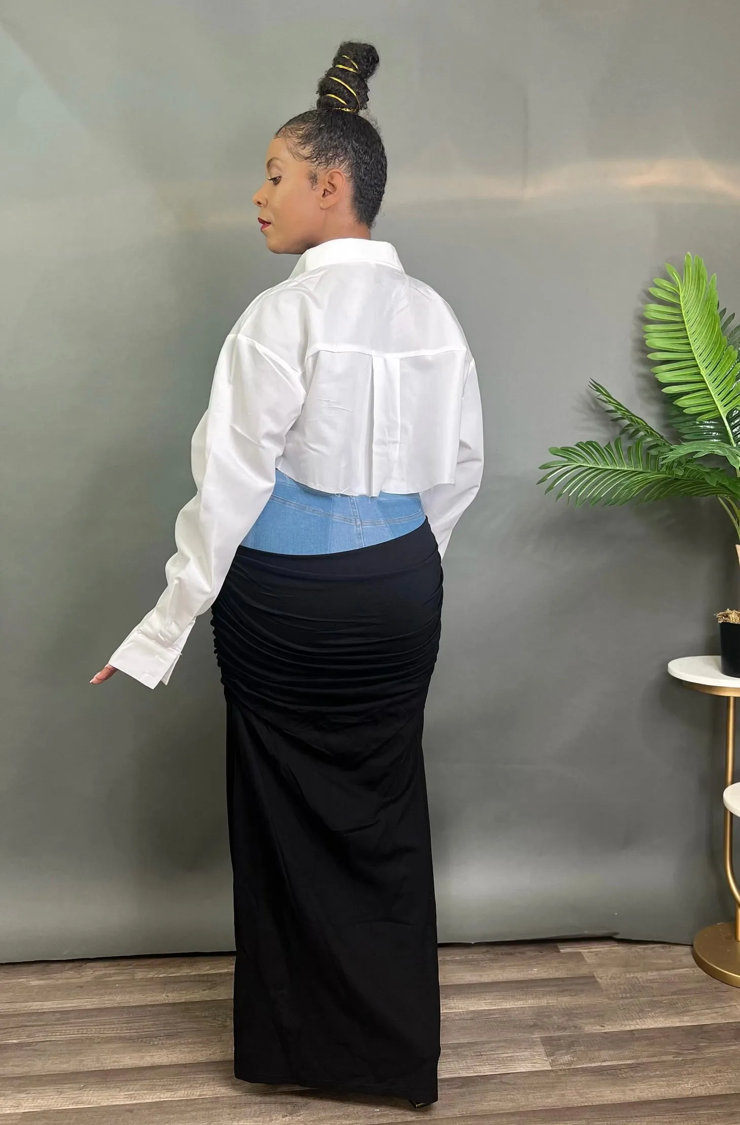 Denim Ruched Maxi Skirt