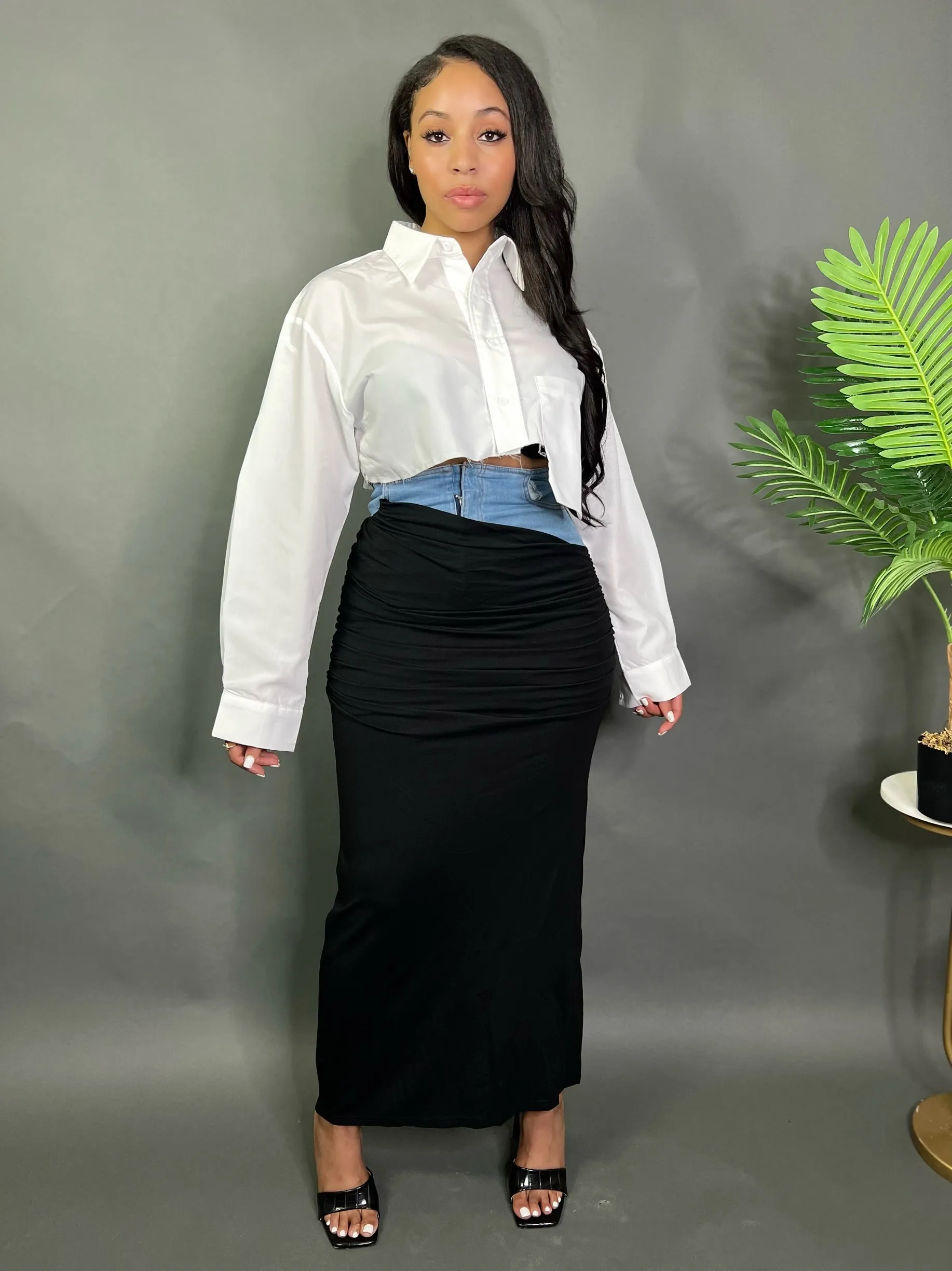 Denim Ruched Maxi Skirt